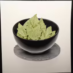 the bowl is full of leaves, sitting on a coaster
