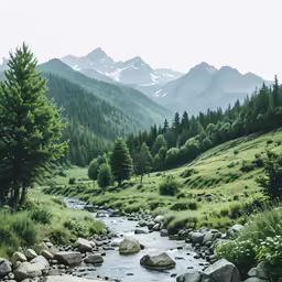 a stream running through a lush green forest