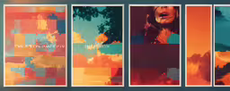 four photographs show different abstract color and shapes,three panels of colorful artwork hanging on the wall