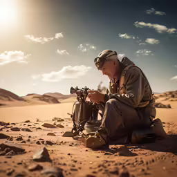 man wearing glasses sitting on the sand in the desert