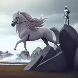 a man in a suit with a helmet on standing near a white horse
