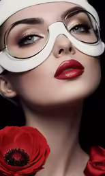 a woman with glasses is holding a rose
