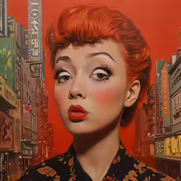 a digital painting of a woman with orange hair and red lips