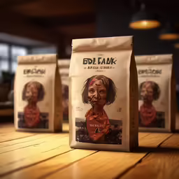 three bags of coffee sit on a wooden table
