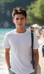 a man with a bag stands on a beach