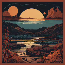 an art print on a red background shows the sunset over water with rocks and mountains,a sunset with mountains and water