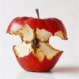 a half eaten red apple sitting on top of a white table