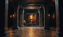 an indoor fireplace in a room with pillars