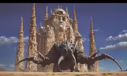 an animal with long legs is standing in front of a large tower