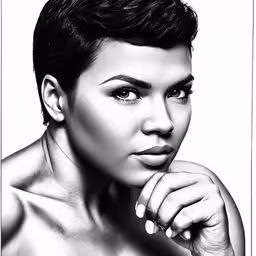 an elegantly styled woman is posing in a black and white photo
