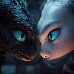 two blue eyed creatures facing each other