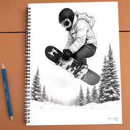 drawing of man jumping over snowboard with black and white picture