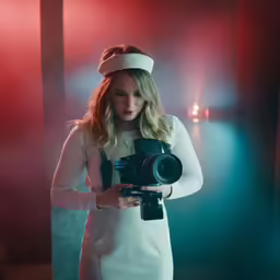 a woman in white holding a camera in a room