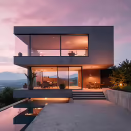 the patio and pool of a modern house