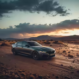 the grey car drives through the barren area