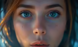 close up of a girl with blue eyes and freckled hair