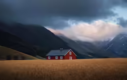 a red house sitting in the middle of a field