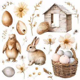 a painting of eggs, flowers and animals in a basket