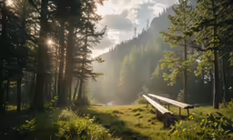 an empty bench in the forest at sunset