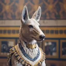 a sculpture of a dog wearing a costume