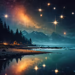 some kind of night scene with mountains and trees