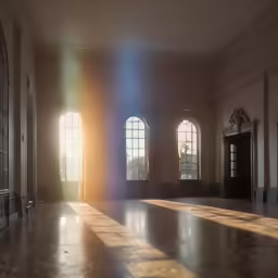 large windows shining into a room that is very old