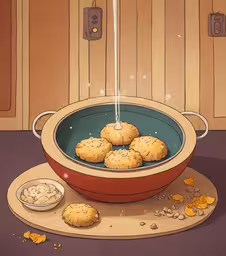 a bowl filled with cookies next to an open plate,a red pan with some cookies in it