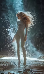 a beautiful woman in a white outfit is standing in the water