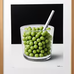 a glass bowl filled with green peas with a silver spoon