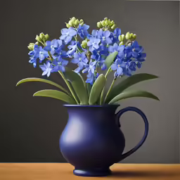 flowers that are in a blue pitcher on a table