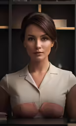 the woman is sitting in front of a shelf with a cigarette