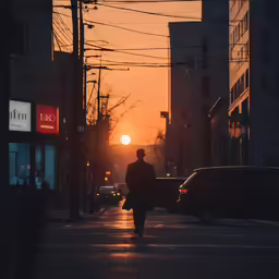 man walking through the street in the middle of an urban setting