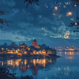 fireworks light up the night sky and decorate a beautiful town
