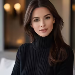 a young lady is wearing a black turtle - neck sweater