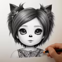 a drawing of a young child with eyes, ears and long hair