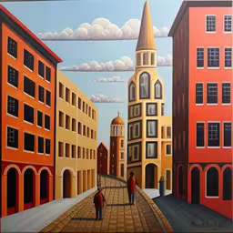 two people are standing on the sidewalk in front of a large building,painting of buildings and people walking in the middle