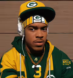 a man with headphones on wearing a green and yellow jacket,a man wearing headphones and a green and yellow hoodie