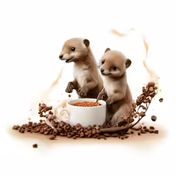 two baby weasels drinking from a cup and spilling coffee