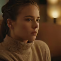 a woman wearing brown sweater looking up and looking at something