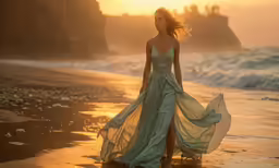 a woman walking on the beach at sunset with a flowing dress
