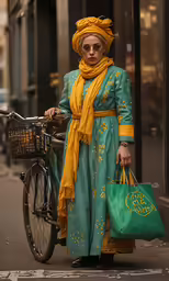 a woman with a green bag is holding onto a bicycle