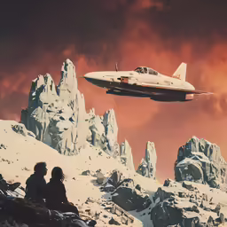 two people looking out at a jet plane over a mountain