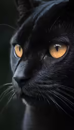 a black cat with yellow eyes looking into the distance