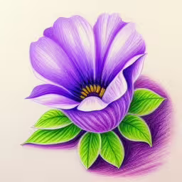 an drawing of a purple flower with leaves,a drawing of a purple flower with green leaves