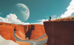 a man standing on a ledge overlooking a mountain valley