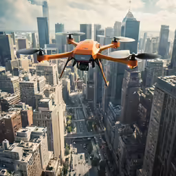 an aerial shot of an orange colored quadcopter hovering over city