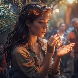 a woman holding a sparkler in her hand while people watch