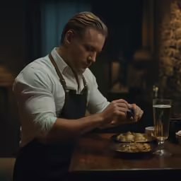 a man in an apron setting up some food