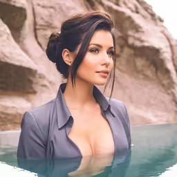 a woman that is standing in the water with her breasts exposed