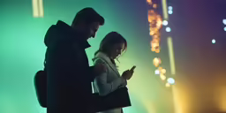 a young woman looking at a phone while standing next to an older man